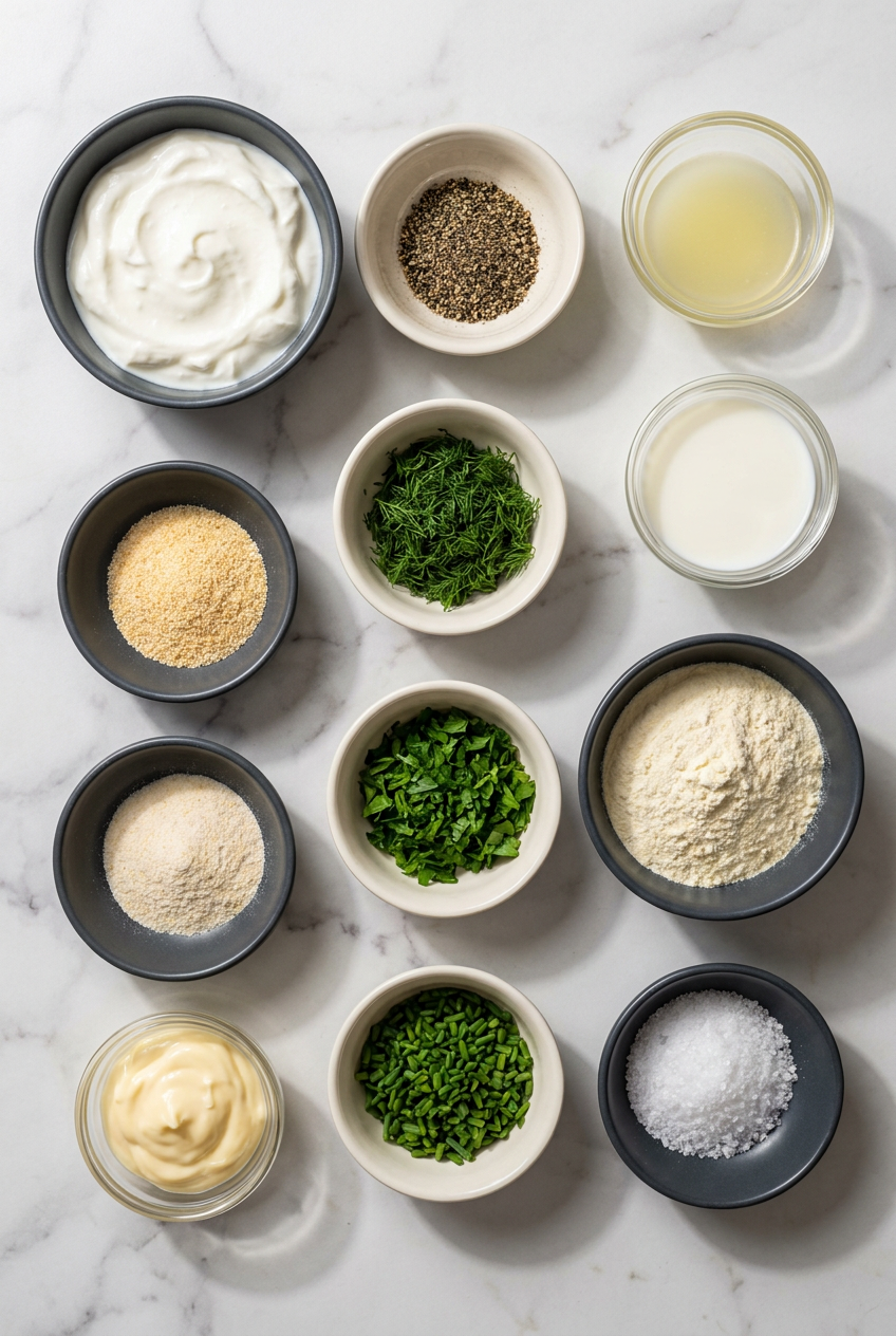 Flat lay of fresh dill, chives, parsley, Greek yogurt, mayonnaise, and spices for greek yogurt ranch dressing.