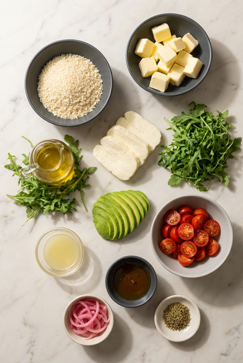Ingredients for grilled halloumi salad laid out, including a block of halloumi cheese, fresh arugula, an avocado, a lemon, and a red onion.
