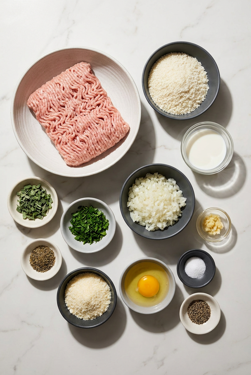 Ingredients for turkey meatballs with pumpkin sage sauce laid out, including ground turkey, pumpkin puree, fresh sage, and Panko breadcrumbs.