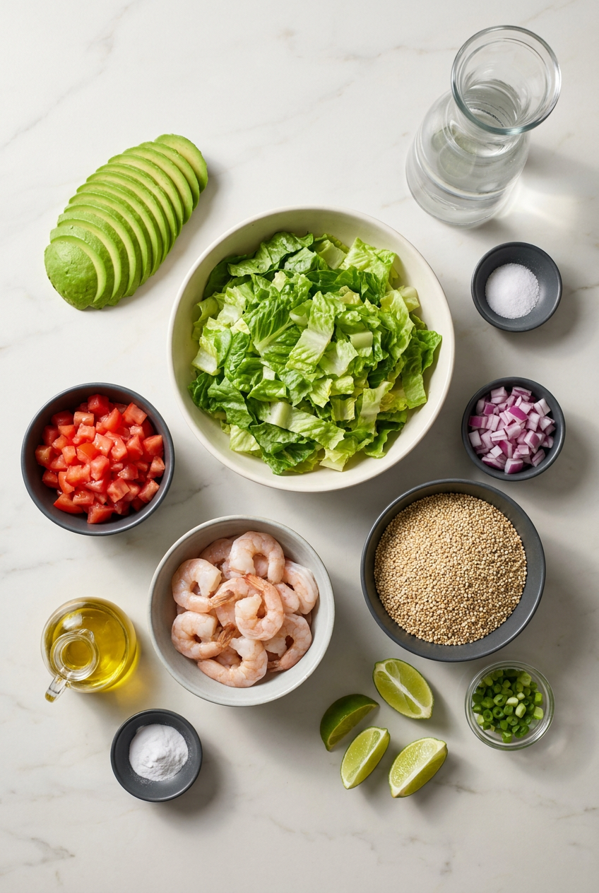 Ingredients for shrimp and avocado bowls laid out on a surface, including raw shrimp, avocado, quinoa, romaine lettuce, lime, and spices.