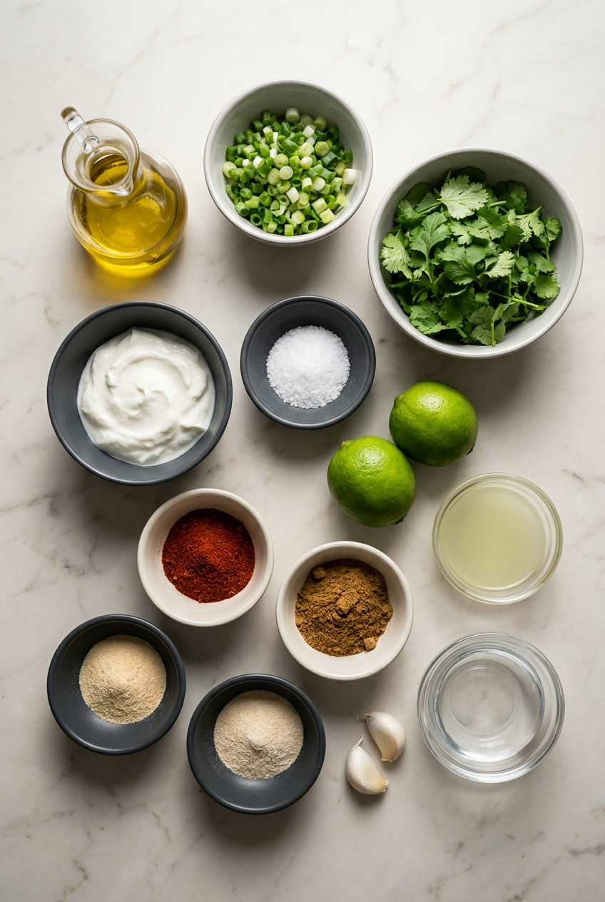 Ingredients for high protein shrimp tacos with cilantro lime crema, including raw shrimp, pepitas, cilantro, lime, and corn tortillas.
