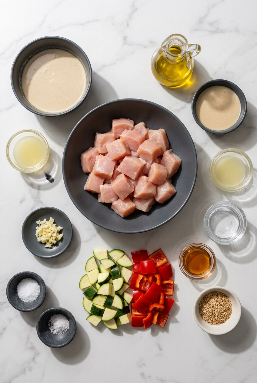 Ingredients for tahini chicken skewers laid out, including cubed raw chicken, tahini, lemon, garlic, and sesame seeds.