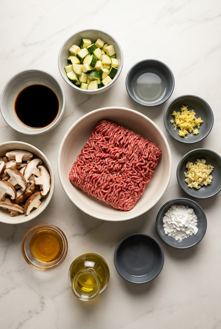 Ingredients for high protein teriyaki beef bowls laid out, including lean ground beef, broccoli, ginger, garlic, and bottles for the homemade teriyaki sauce.