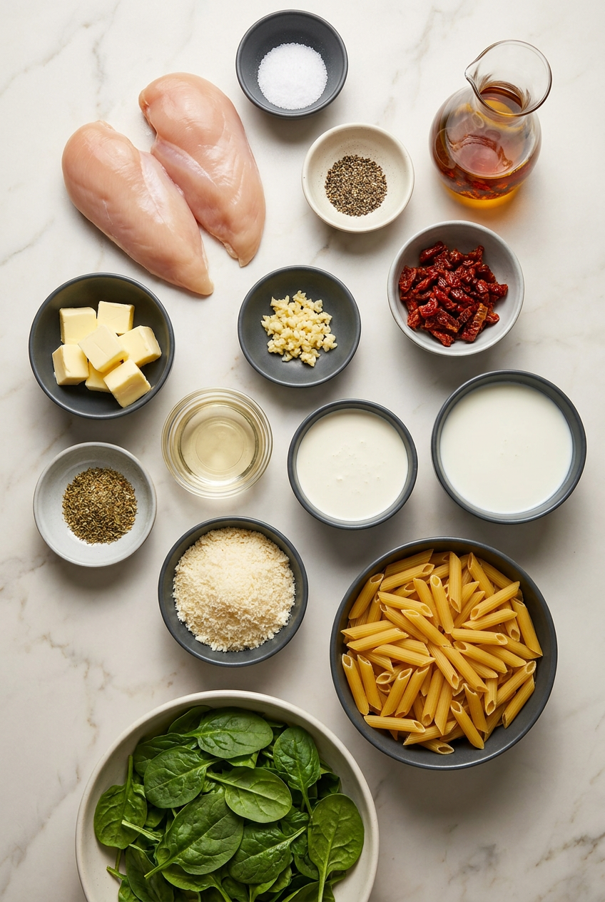 Ingredients for creamy tuscan chicken pasta laid out, including raw chicken breast, penne pasta, baby spinach, heavy cream, and a jar of sun-dried tomatoes.