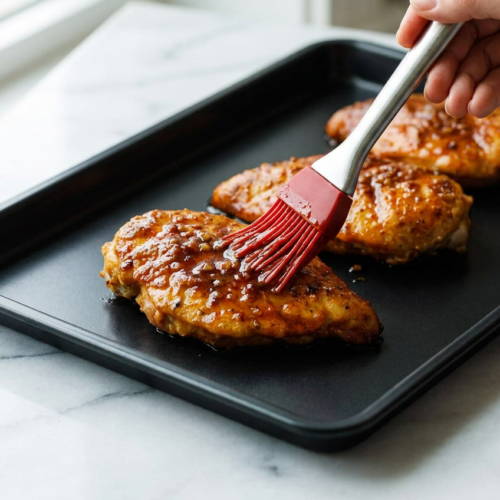 Pan-seared glazed chicken breasts with a shiny, sticky sauce in a skillet, garnished with fresh parsley.