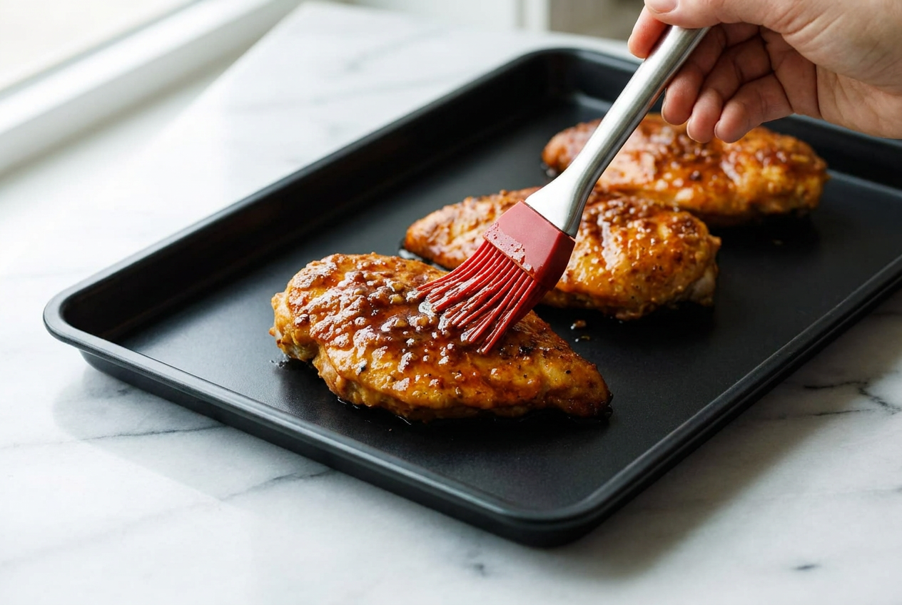 Pan-seared glazed chicken breasts with a shiny, sticky sauce in a skillet, garnished with fresh parsley.