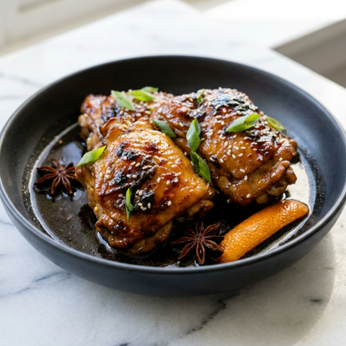 A plate of Hawaiian shoyu chicken featuring two glossy, dark brown braised thighs served over white rice and garnished with sliced green onions.
