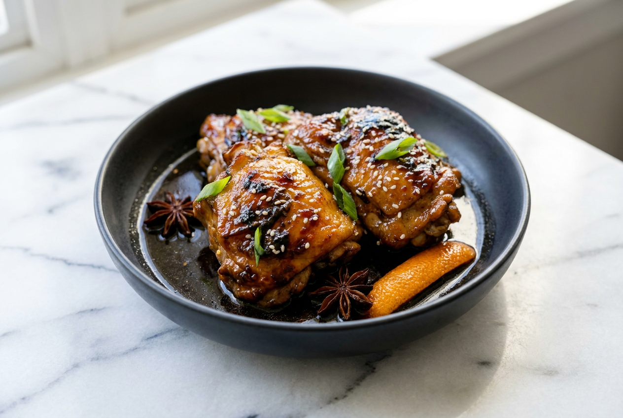 A plate of Hawaiian shoyu chicken featuring two glossy, dark brown braised thighs served over white rice and garnished with sliced green onions.