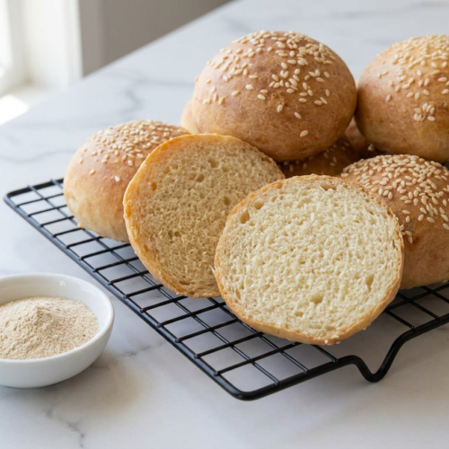 A stack of three golden brown, homemade cottage cheese burger buns topped with sesame seeds, ready to be served.