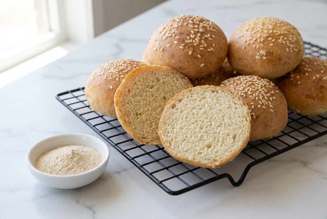 A stack of three golden brown, homemade cottage cheese burger buns topped with sesame seeds, ready to be served.