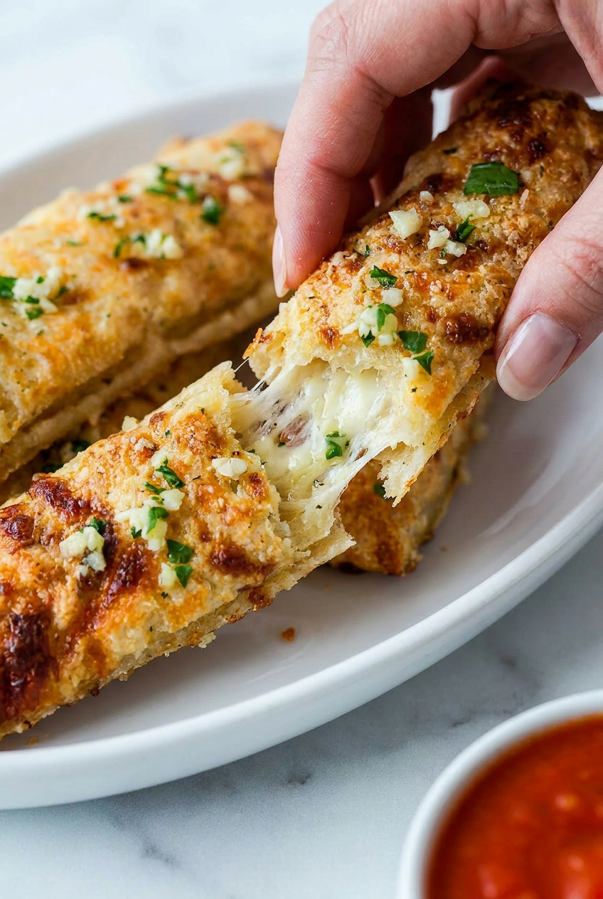 Close-up of golden high protein cheesy garlic breadsticks, showing their fluffy interior and melted cheese.