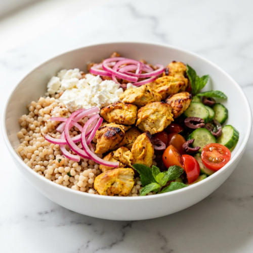 A Greek chicken couscous bowl topped with grilled chicken, feta cheese, cucumber, tomatoes, olives, and bright pink pickled red onions.