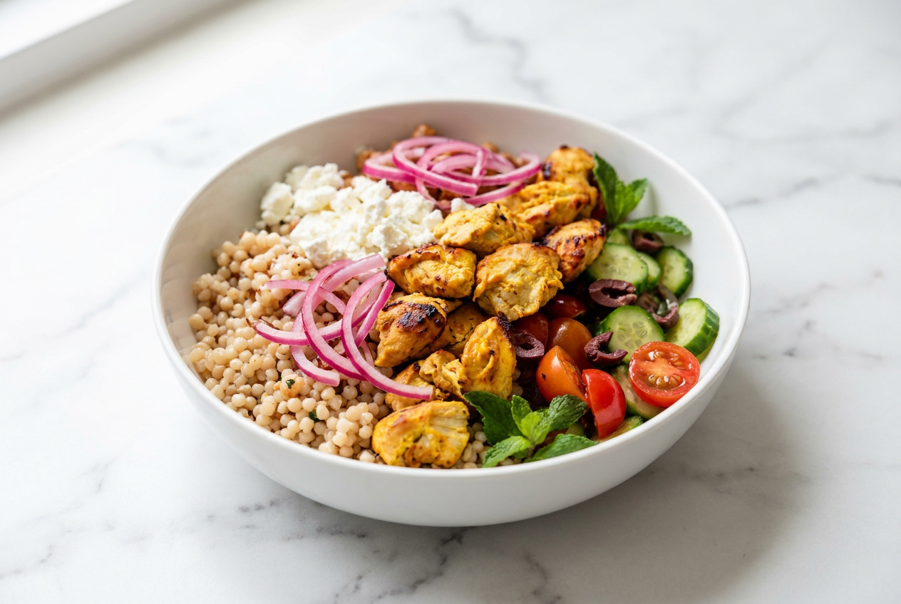 A Greek chicken couscous bowl topped with grilled chicken, feta cheese, cucumber, tomatoes, olives, and bright pink pickled red onions.