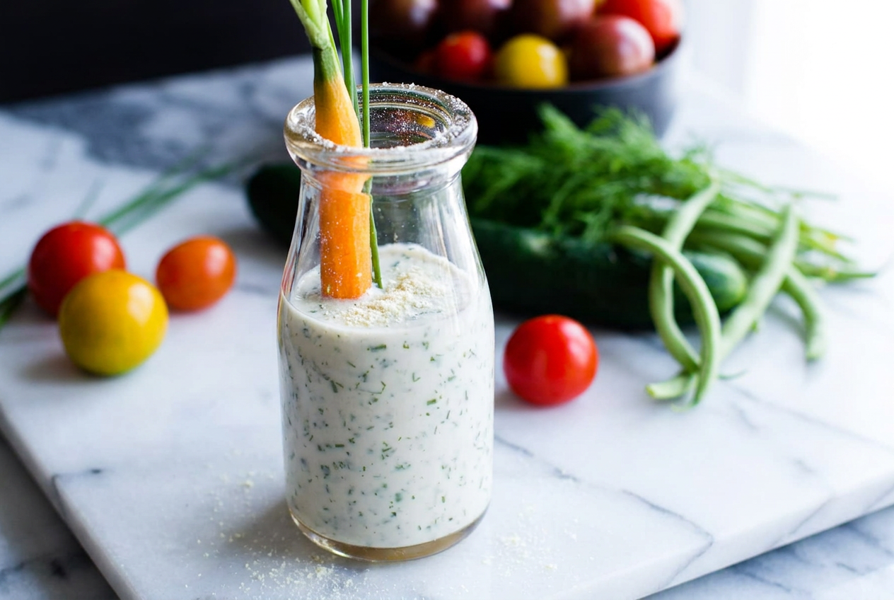 Creamy greek yogurt ranch dressing in a white ceramic bowl, garnished with fresh chives and dill.