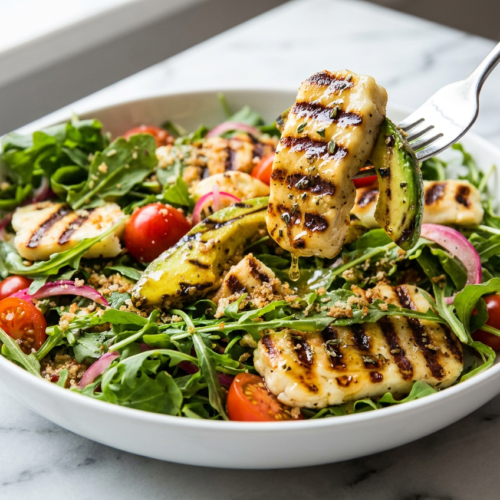 A large white bowl filled with grilled halloumi salad, featuring golden-brown slices of cheese over a bed of arugula, avocado, and pickled red onions.