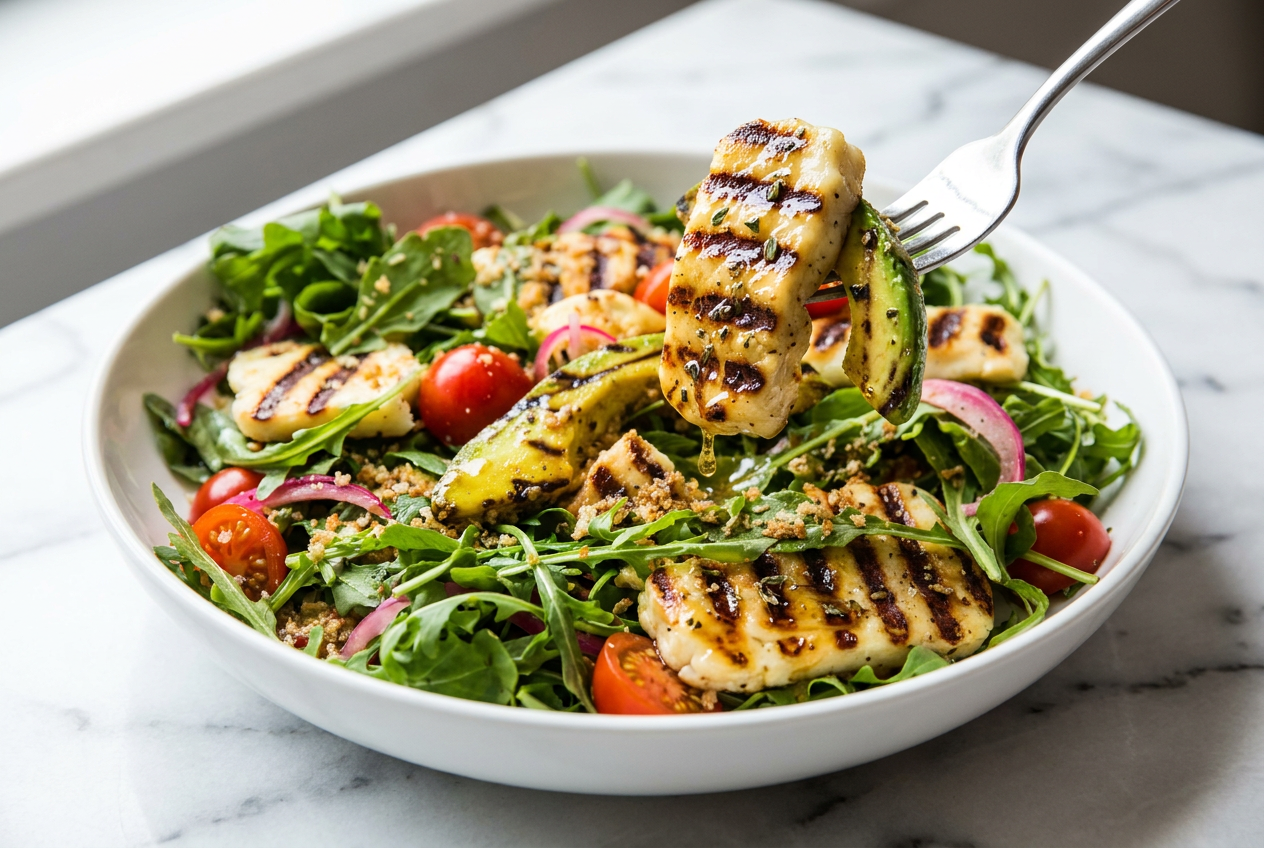 A large white bowl filled with grilled halloumi salad, featuring golden-brown slices of cheese over a bed of arugula, avocado, and pickled red onions.