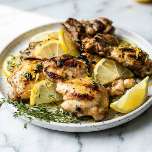 Juicy grilled lemon garlic chicken thighs, charred to perfection, garnished with fresh rosemary and thyme on a white plate.