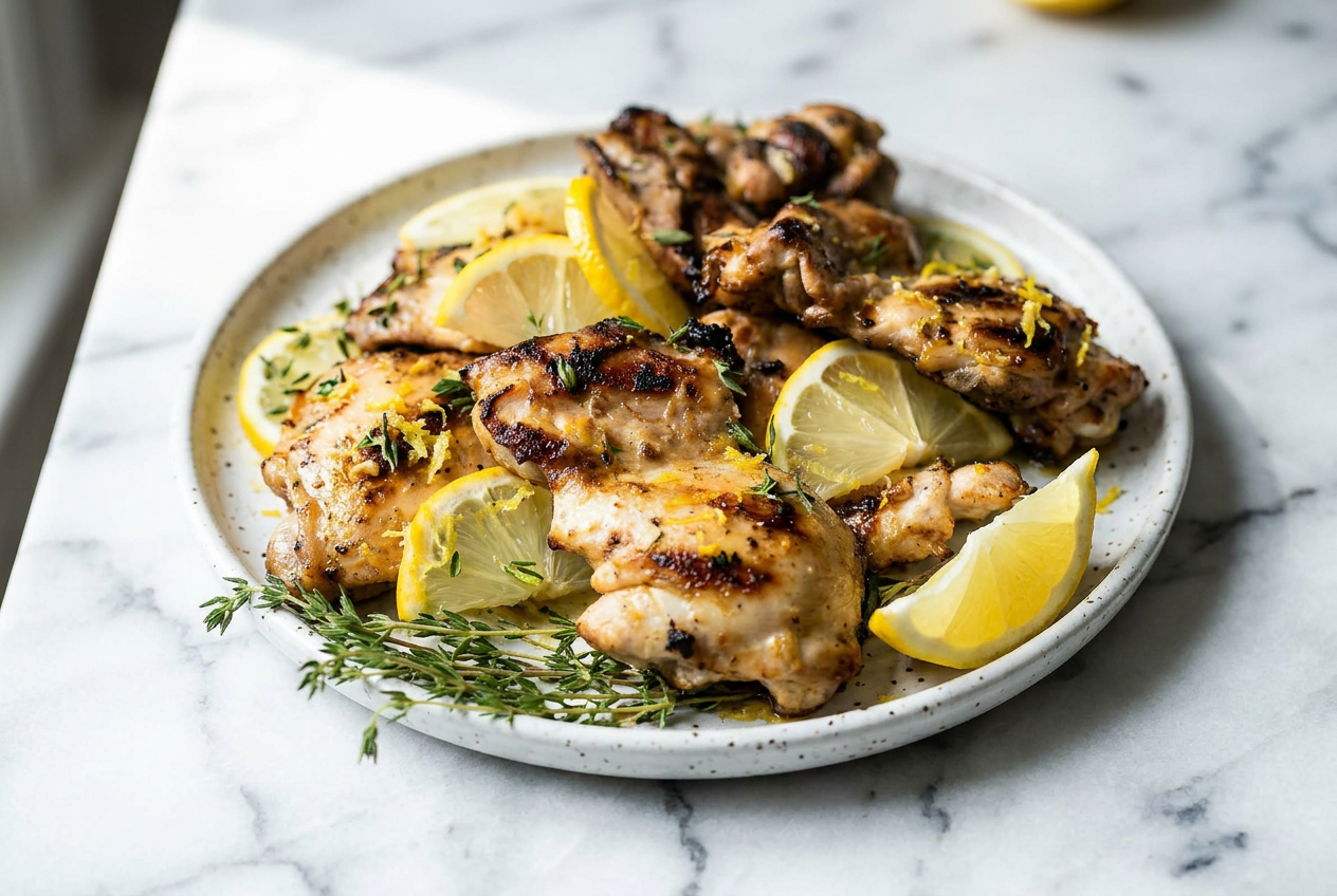 Juicy grilled lemon garlic chicken thighs, charred to perfection, garnished with fresh rosemary and thyme on a white plate.
