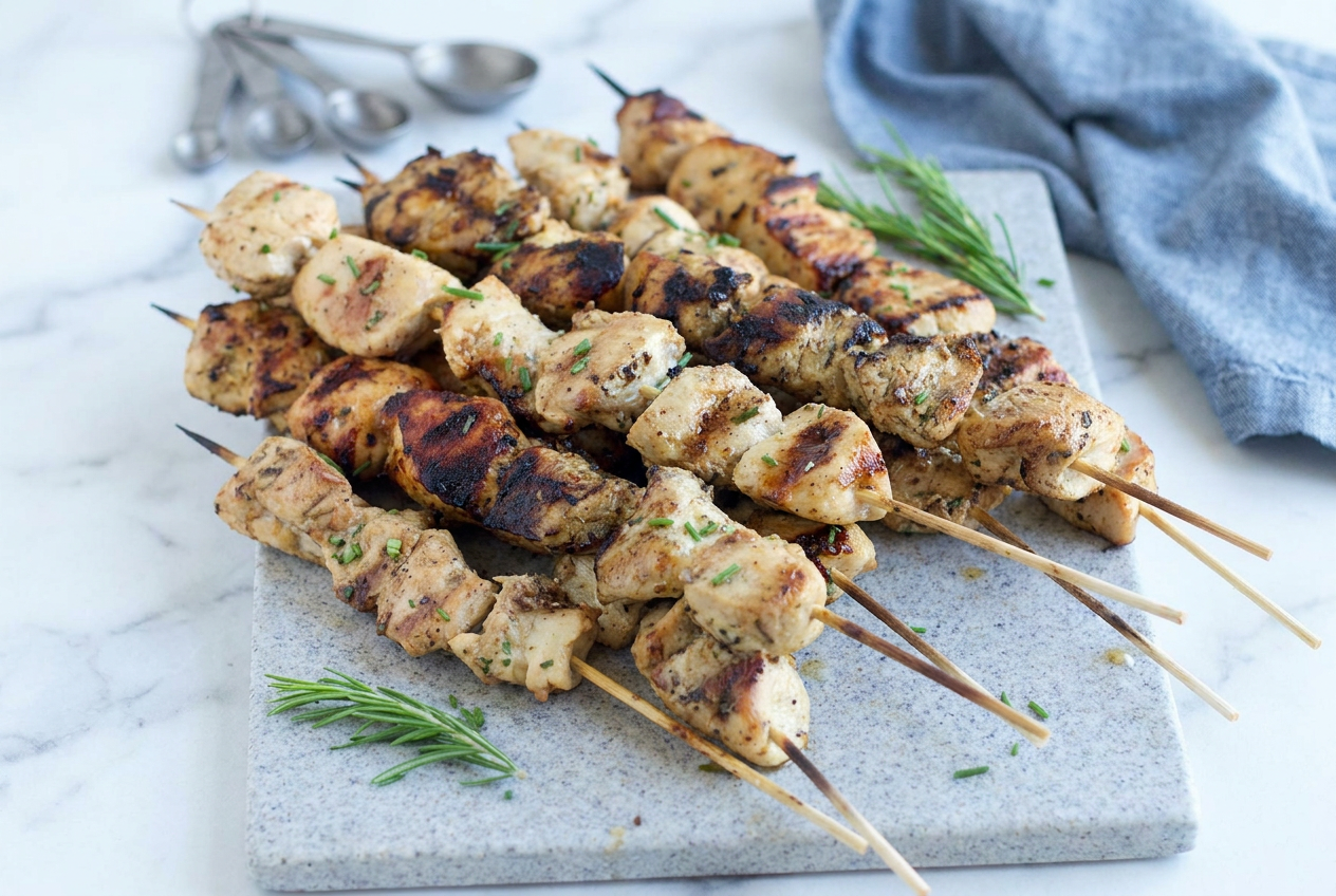 Several grilled rosemary ranch chicken kabobs on skewers, showing light char marks and garnished with fresh rosemary sprigs.