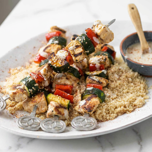 Several grilled tahini chicken skewers on a platter, garnished with toasted sesame seeds and fresh parsley.