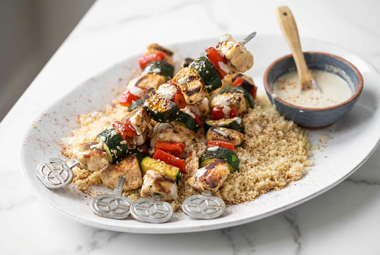 Several grilled tahini chicken skewers on a platter, garnished with toasted sesame seeds and fresh parsley.