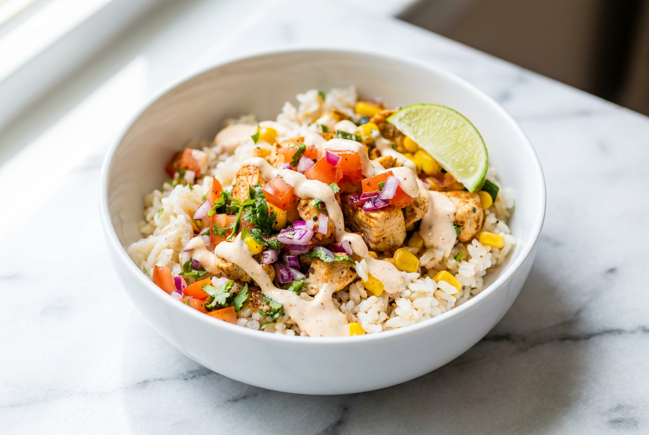 A healthy chicken taco bowl loaded with seasoned chicken, brown rice, black beans, corn, and fresh pico de gallo, drizzled with smoky chipotle-lime crema.