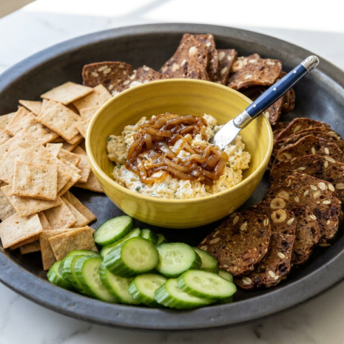 Creamy healthy greek yogurt onion dip in a white bowl, topped with fresh chives and served with dippers.