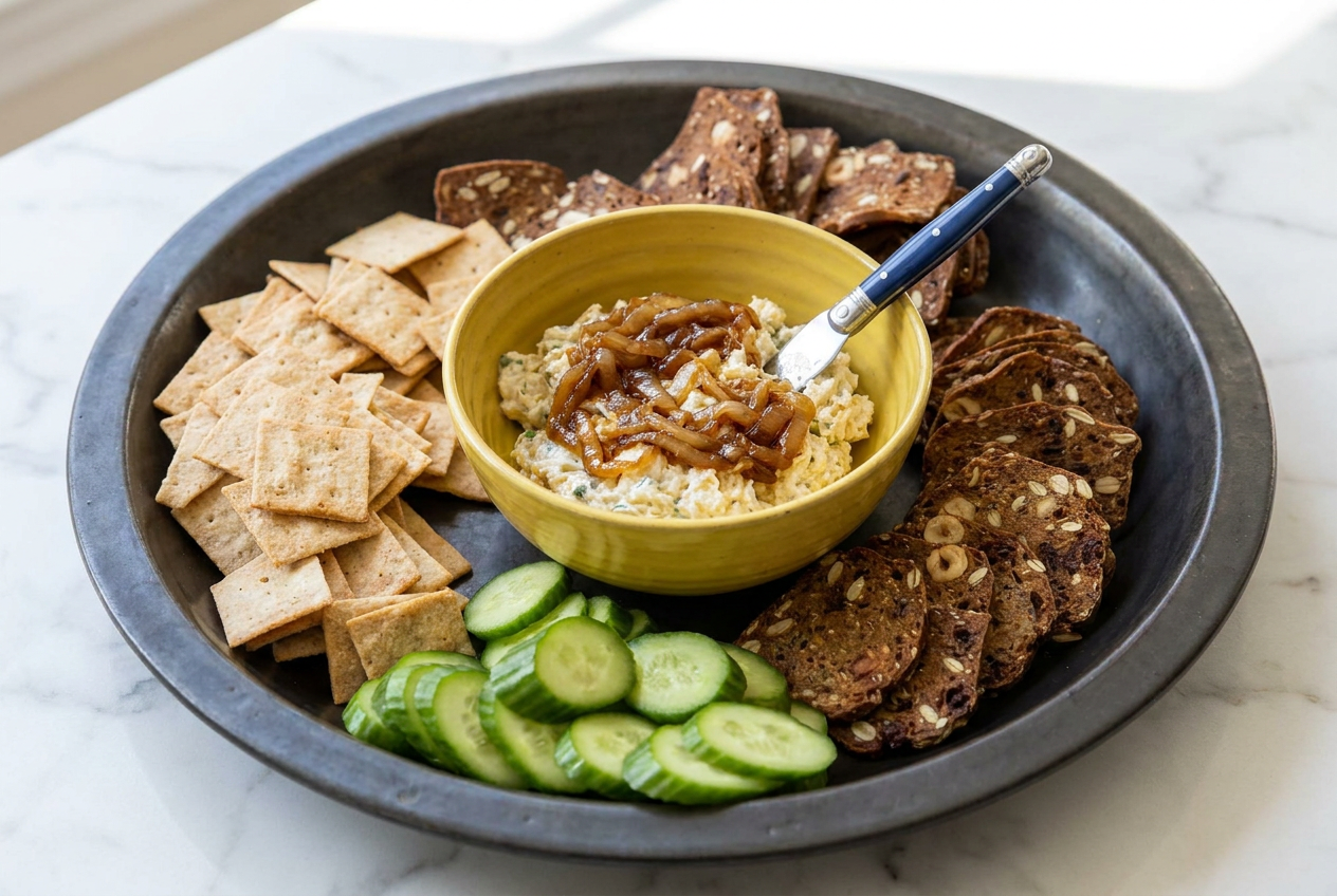 Creamy healthy greek yogurt onion dip in a white bowl, topped with fresh chives and served with dippers.