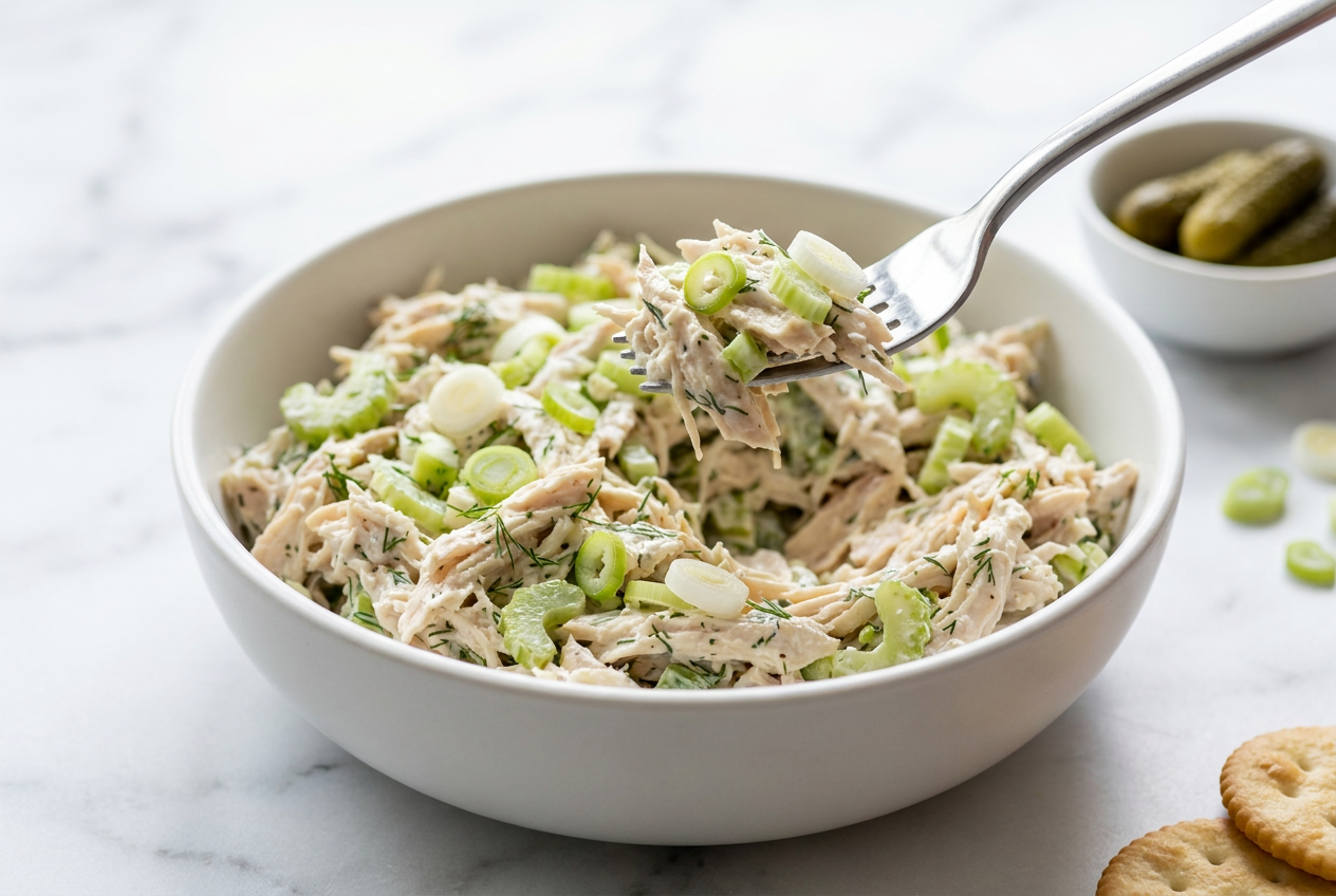 A large bowl of creamy healthy ranch chicken salad, generously topped with freshly sliced scallions and black pepper.