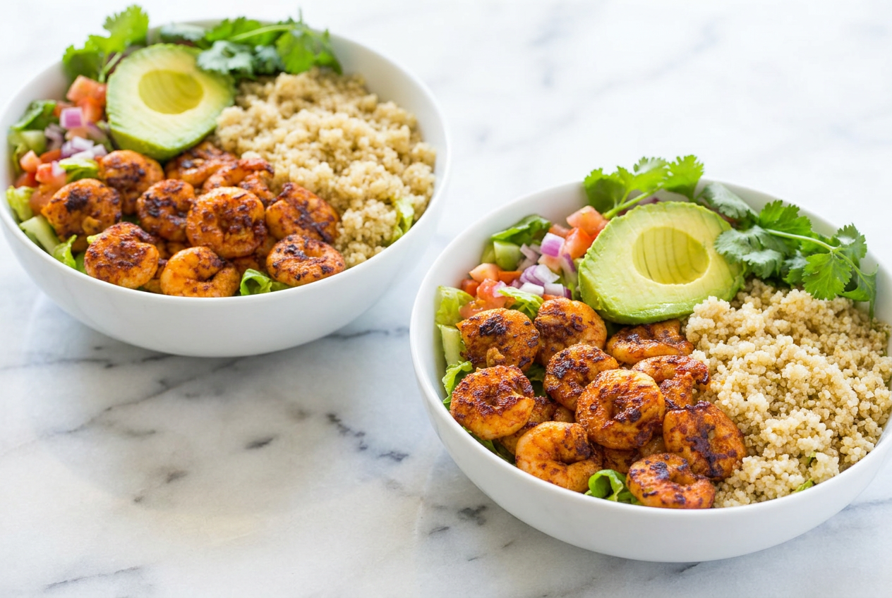 A colorful shrimp and avocado bowl with Cajun-spiced shrimp, quinoa, sliced avocado, and fresh romaine lettuce, drizzled with lime dressing.