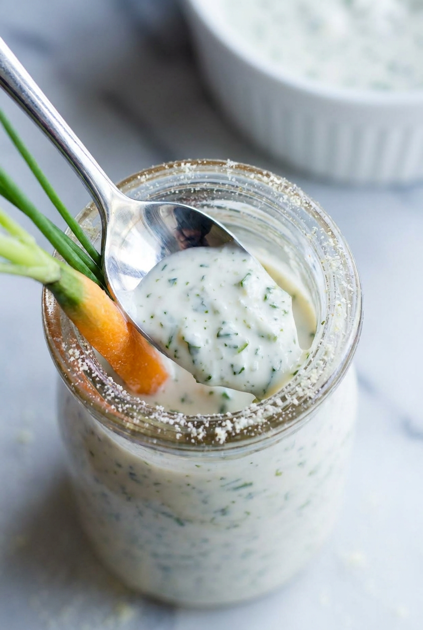 Smooth, thick greek yogurt ranch dressing in a small white bowl, topped with chopped fresh parsley and chives.
