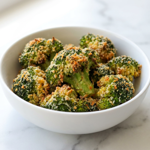 Golden, protein-crusted high protein air fryer broccoli florets, perfectly crispy and served on a plate.