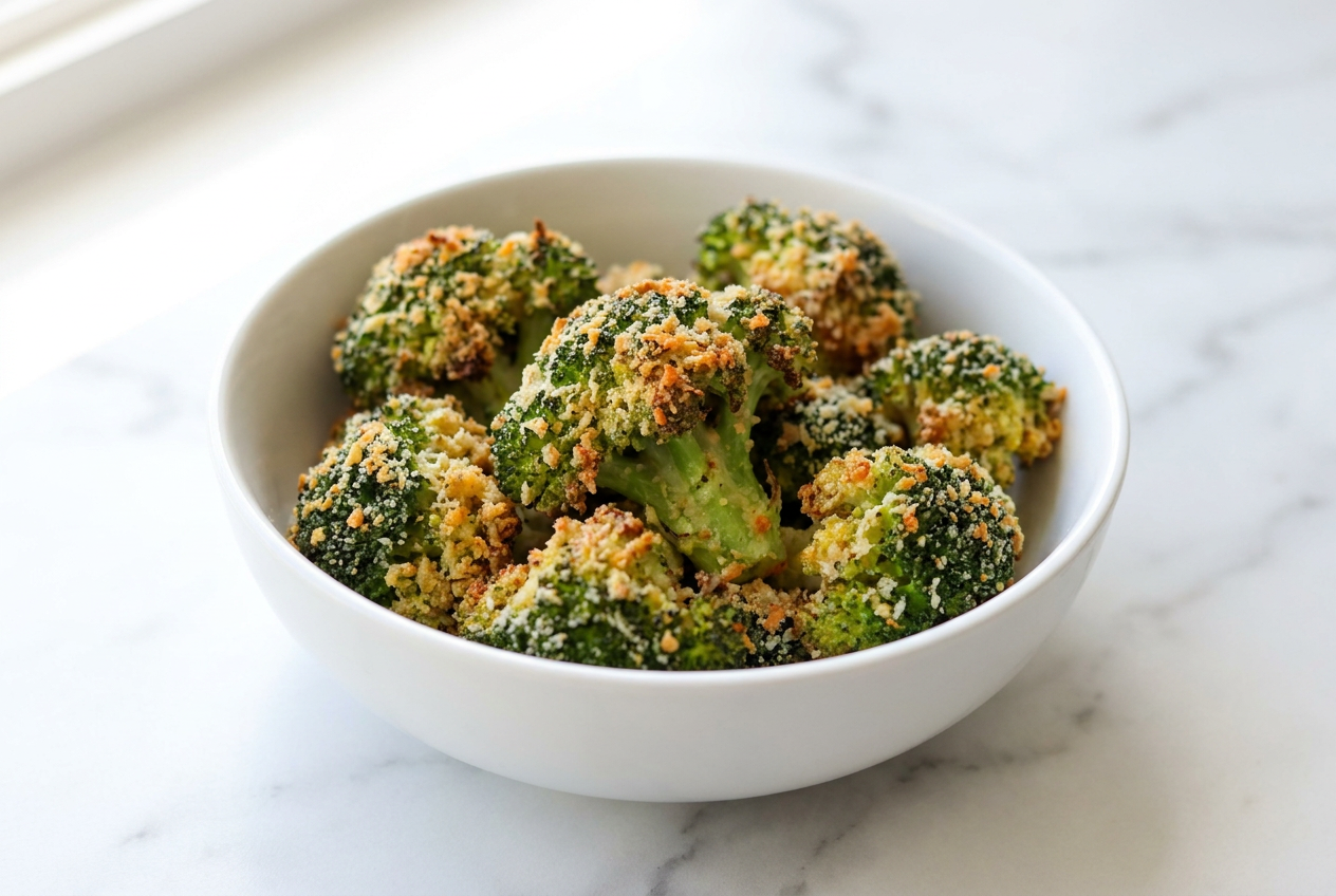 Golden, protein-crusted high protein air fryer broccoli florets, perfectly crispy and served on a plate.