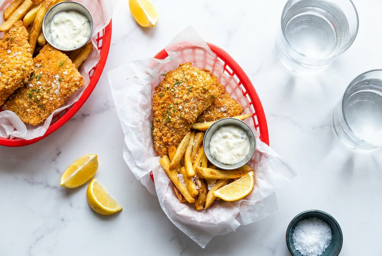 Platter of crispy, golden high protein air fryer fish and chips served with lemon wedges and fresh dill.