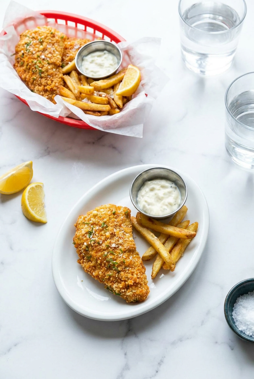 Individual serving of high protein air fryer fish and chips with a lemon wedge and a small bowl of tartar sauce.