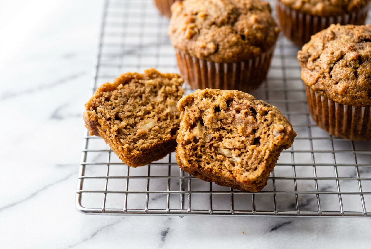 A stack of three golden brown high protein banana muffins, with one cut in half to show the moist interior, next to a fresh banana.