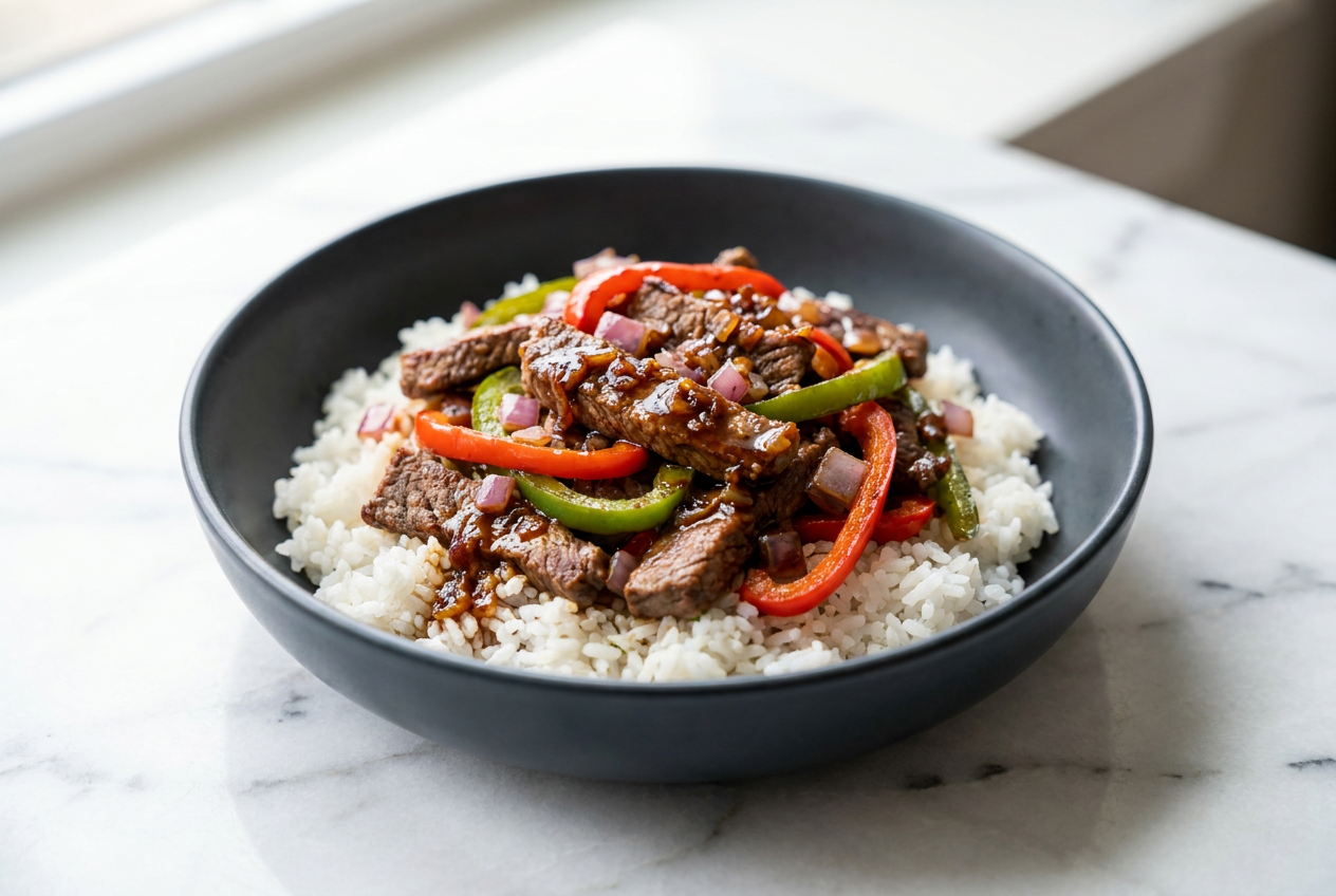 A colorful high protein beef and pepper rice bowl with lean ground beef, bright bell peppers, and a rich, glossy pan sauce over fluffy rice.