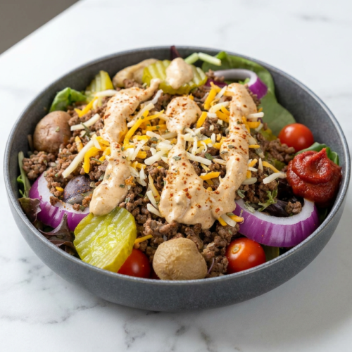 A vibrant high protein burger bowl filled with ground beef, crisp romaine lettuce, shredded cheddar, dill pickles, and a creamy sauce.