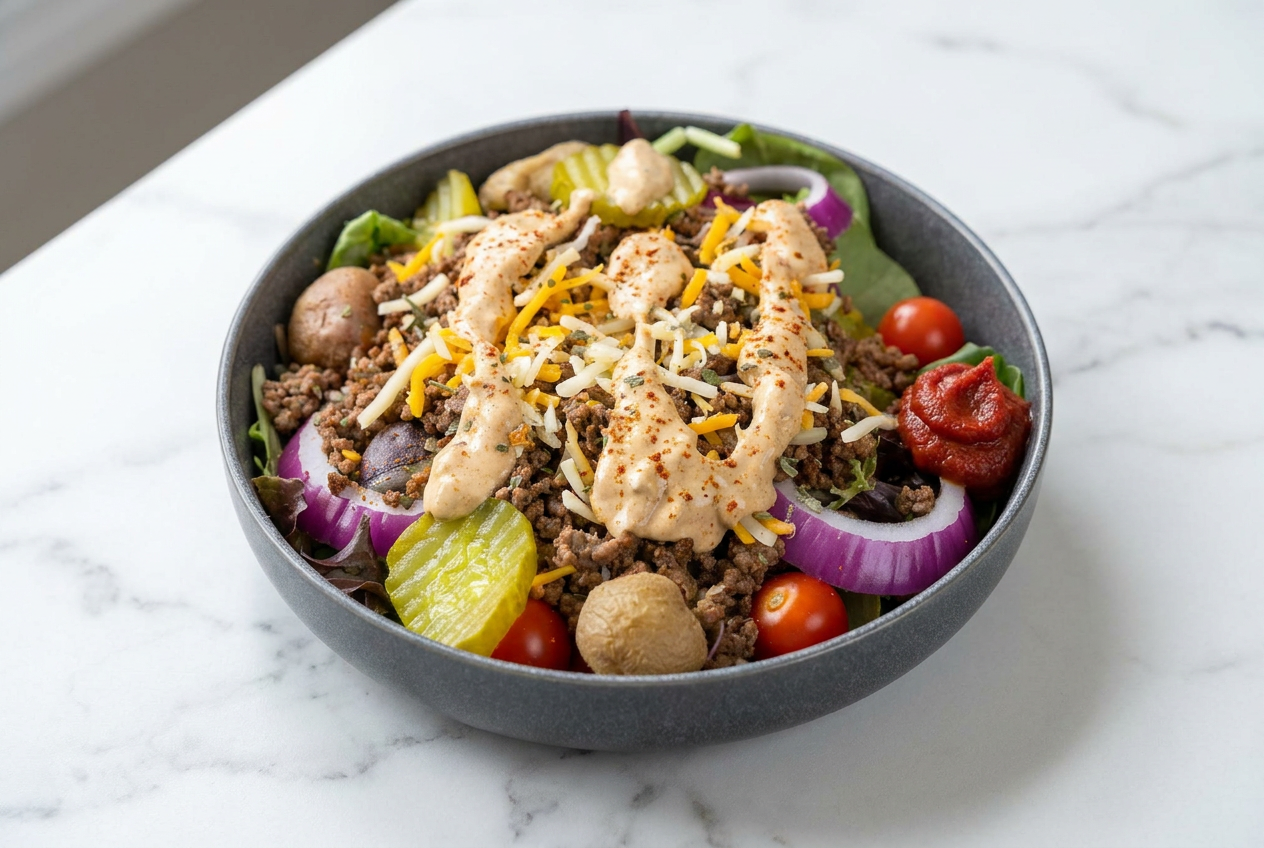 A vibrant high protein burger bowl filled with ground beef, crisp romaine lettuce, shredded cheddar, dill pickles, and a creamy sauce.