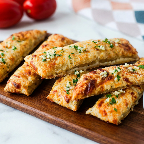 Golden high protein cheesy garlic breadsticks brushed with fresh garlic-herb butter, showing melted cheese and a golden crust.