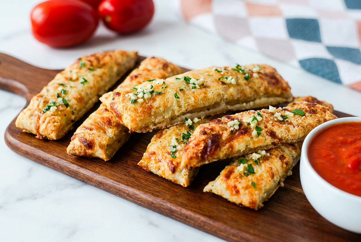 Golden high protein cheesy garlic breadsticks brushed with fresh garlic-herb butter, showing melted cheese and a golden crust.