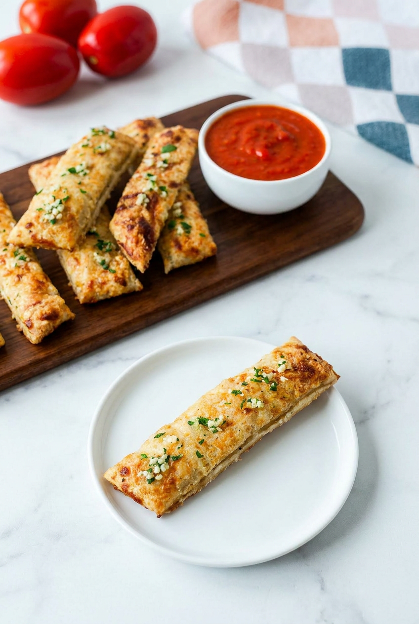 High protein cheesy garlic breadsticks served on a board with a small bowl of marinara dipping sauce.