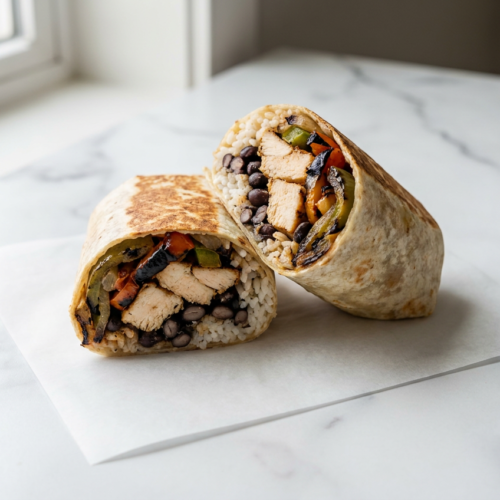 A golden-brown high protein chicken burrito cut in half, showing a packed filling of shredded chicken, black beans, and melted cheese, served on a plate.