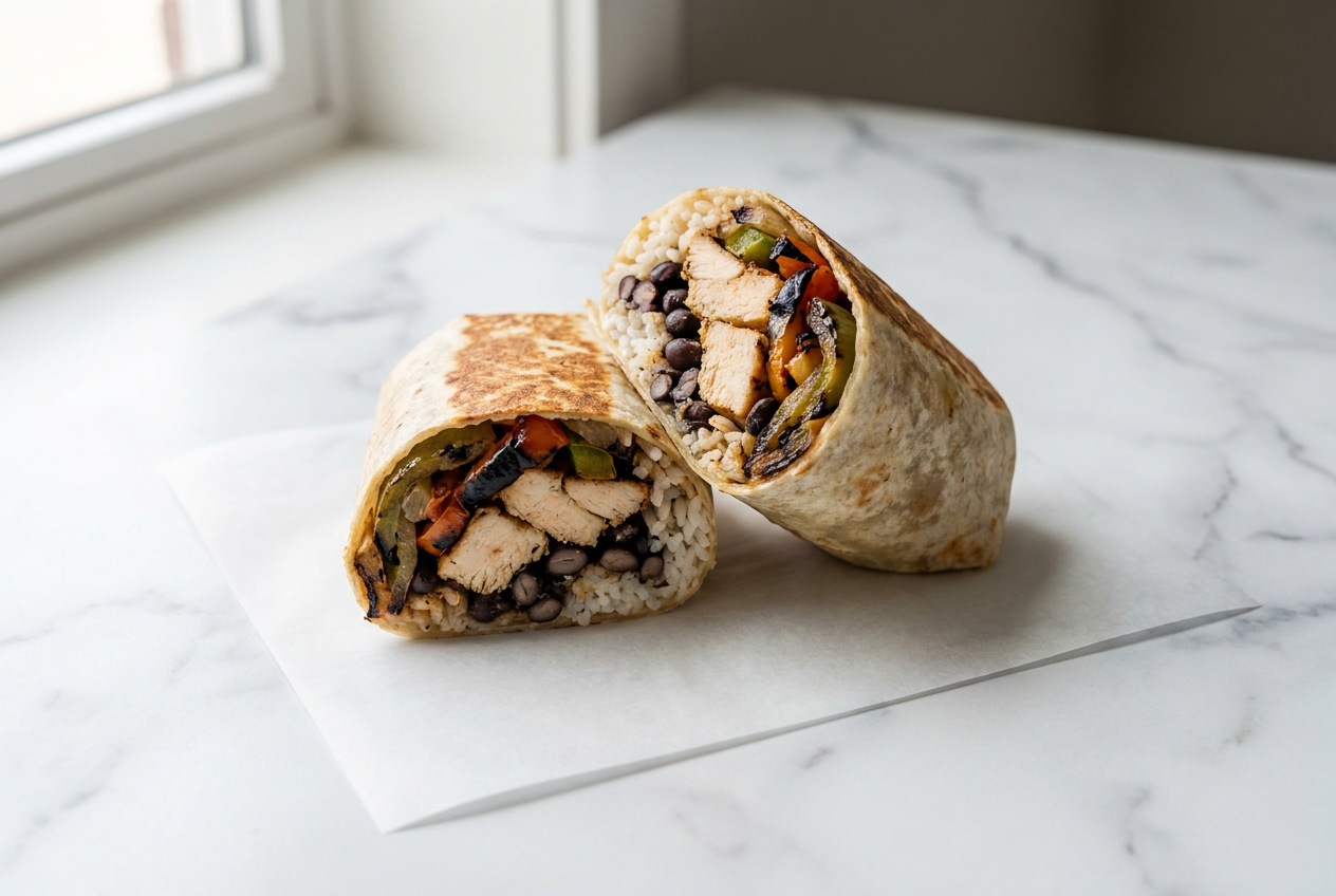A golden-brown high protein chicken burrito cut in half, showing a packed filling of shredded chicken, black beans, and melted cheese, served on a plate.