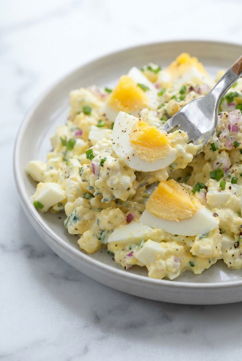 High protein cottage cheese egg salad served on a slice of toasted bread, garnished with fresh green chives and Everything Bagel Seasoning.