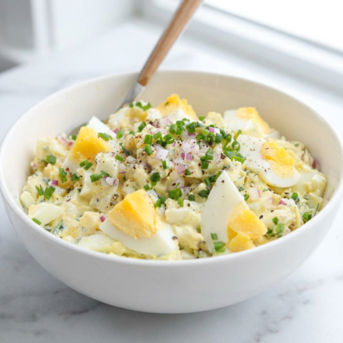 Creamy high protein cottage cheese egg salad in a white bowl, topped with fresh chives and visible Everything Bagel Seasoning.