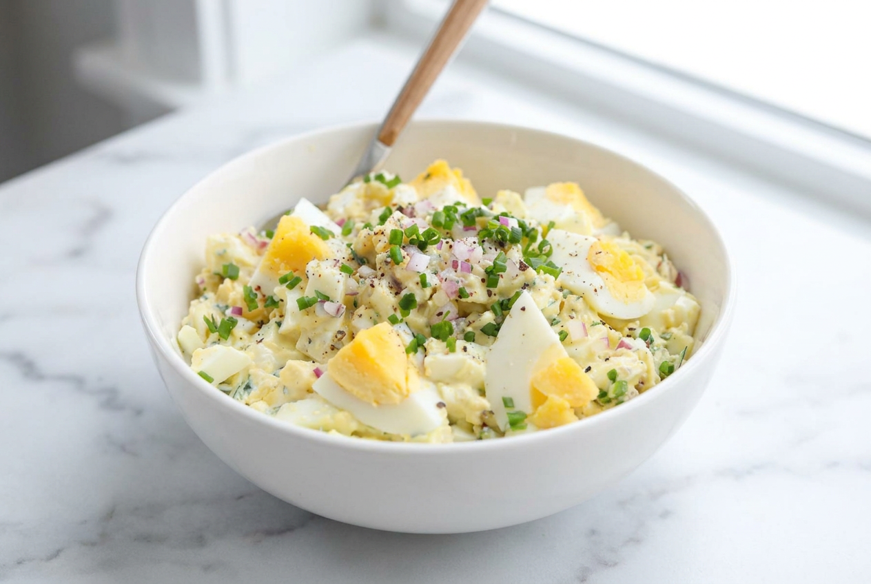 Creamy high protein cottage cheese egg salad in a white bowl, topped with fresh chives and visible Everything Bagel Seasoning.