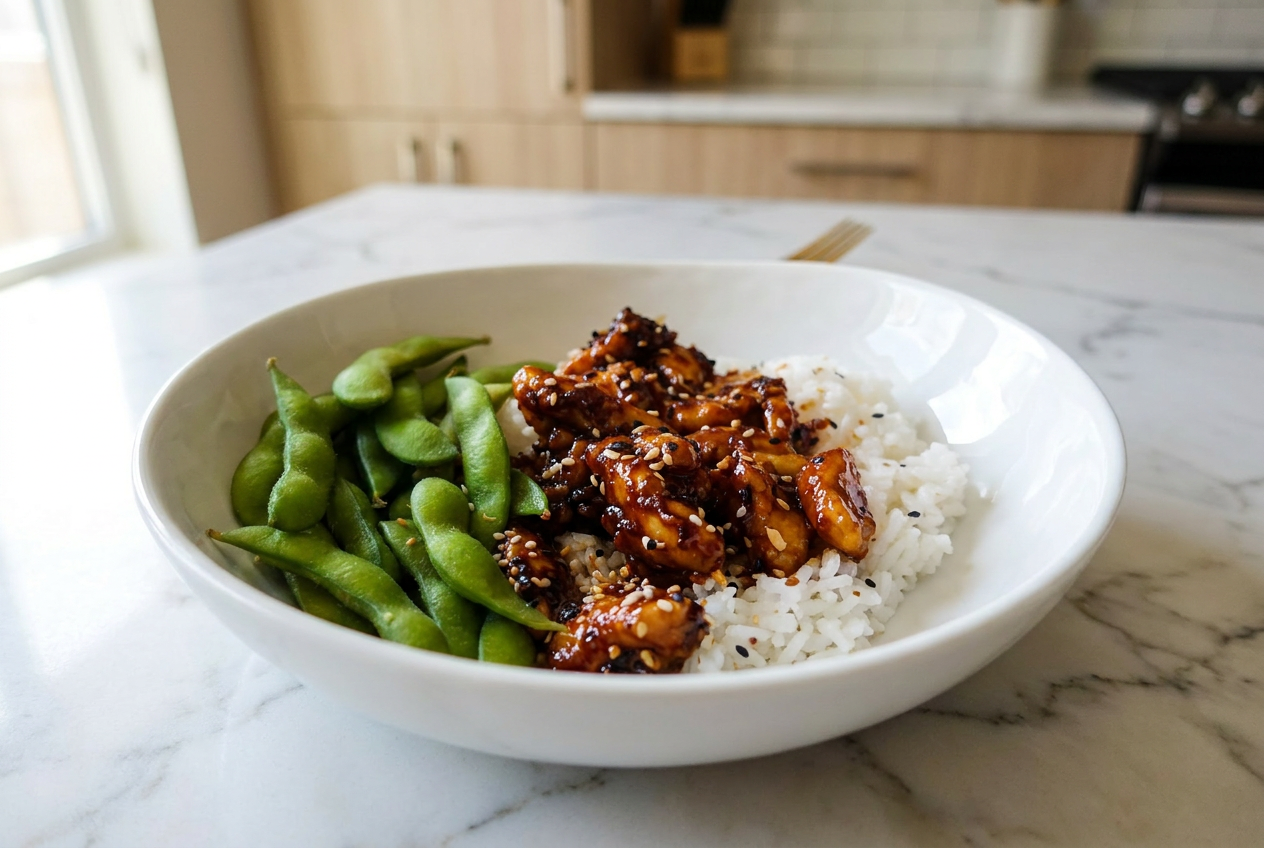 A serving of high protein mongolian chicken in a dark bowl, coated in a glossy soy-ginger sauce and garnished with sliced green onions and sesame seeds.