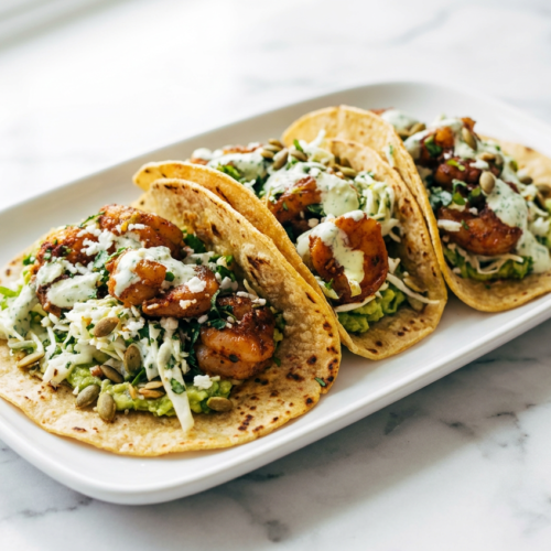Three high protein shrimp tacos with cilantro lime crema served on a dark plate with a side of lime wedges.