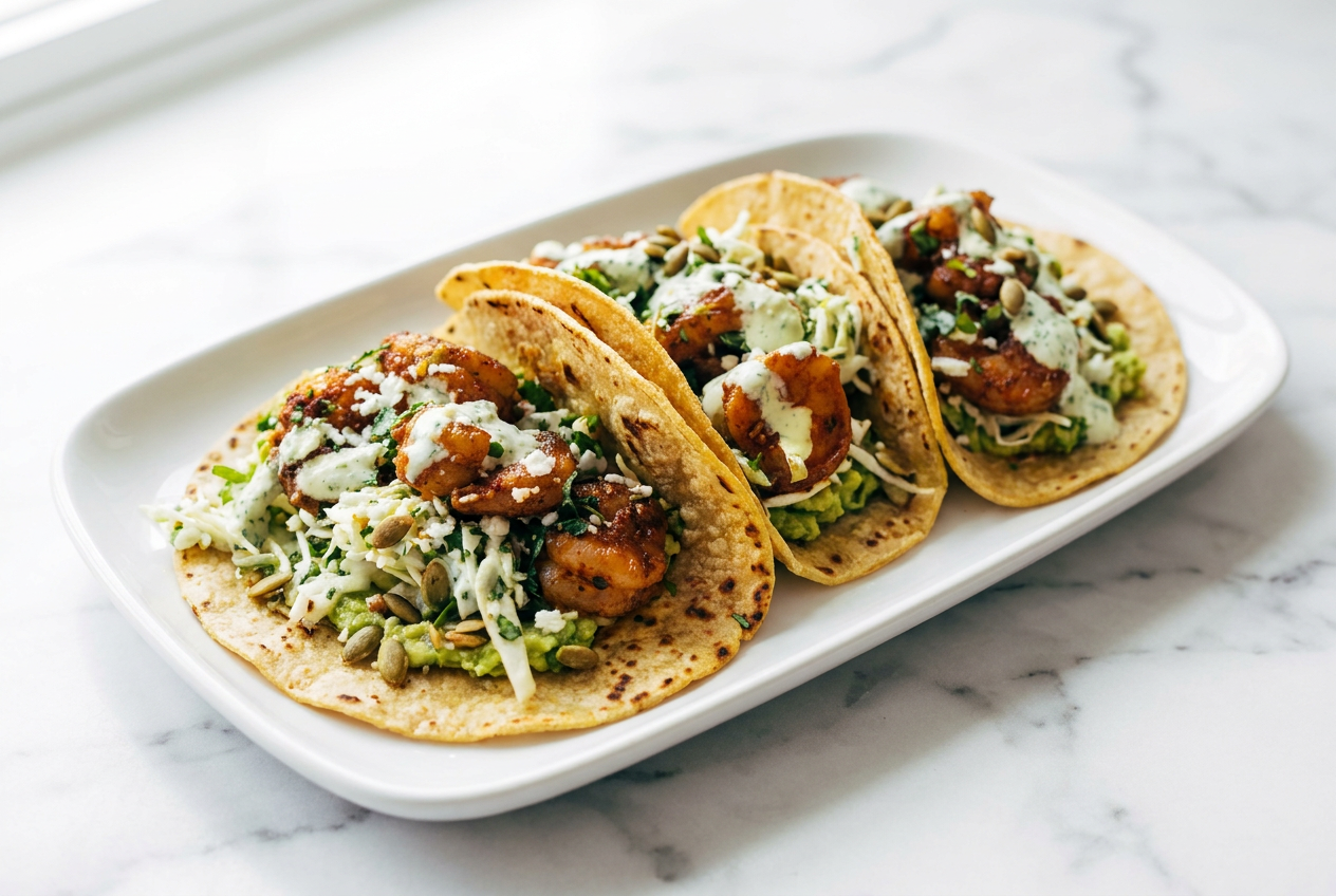 Three high protein shrimp tacos with cilantro lime crema served on a dark plate with a side of lime wedges.
